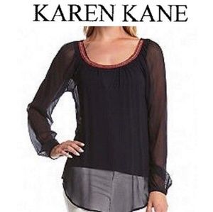 Karen Kane ST Tropez Beaded Sheer Keyhole Shirt S